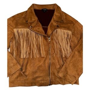 Faux Leather Fringe Jacket Nashville Country Studded Large Brown Suede